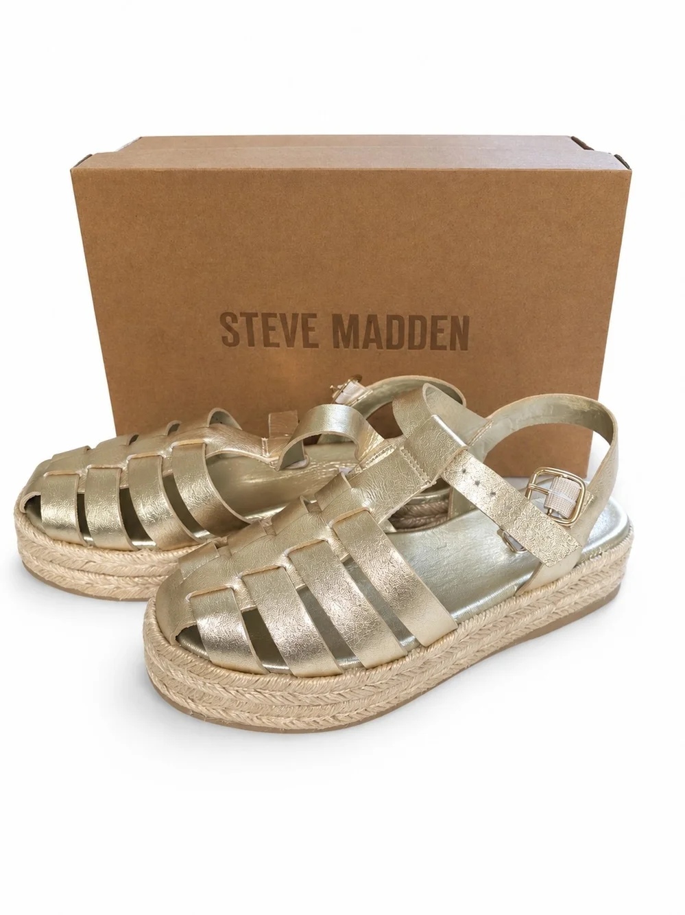Steve Madden Marlin Gold Leather Platform Espadrille Fisherman Sandals Size 7